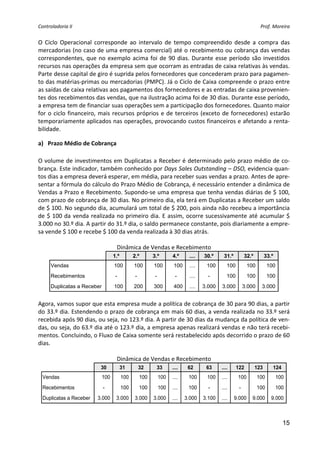 Controladoria II                                                                                                   Prof. Moreira 


O  Ciclo  Operacional  corresponde  ao  intervalo  de  tempo  compreendido  desde  a  compra  das 
mercadorias (no caso de uma empresa comercial) até o recebimento ou cobrança das vendas 
correspondentes,  que  no  exemplo  acima  foi  de  90  dias.  Durante  esse  período  são  investidos 
recursos nas operações da empresa sem que ocorram as entradas de caixa relativas às vendas. 
Parte desse capital de giro é suprida pelos fornecedores que concederam prazo para pagamen‐
to das matérias‐primas ou mercadorias (PMPC). Já o Ciclo de Caixa compreende o prazo entre 
as saídas de caixa relativas aos pagamentos dos fornecedores e as entradas de caixa provenien‐
tes dos recebimentos das vendas, que na ilustração acima foi de 30 dias. Durante esse período, 
a empresa tem de financiar suas operações sem a participação dos fornecedores. Quanto maior 
for  o  ciclo  financeiro,  mais  recursos  próprios  e  de  terceiros  (exceto  de  fornecedores)  estarão 
temporariamente aplicados nas operações, provocando custos financeiros e afetando a renta‐
bilidade. 

a) Prazo Médio de Cobrança 
 
O volume de investimentos em Duplicatas a Receber é determinado pelo prazo médio de co‐
brança. Este indicador, também conhecido por Days Sales Outstanding – DSO, evidencia quan‐
tos dias a empresa deverá esperar, em média, para receber suas vendas a prazo. Antes de apre‐
sentar a fórmula do cálculo do Prazo Médio de Cobrança, é necessário entender a dinâmica de 
Vendas a Prazo e Recebimento. Supondo‐se uma empresa que tenha vendas diárias de $ 100, 
com prazo de cobrança de 30 dias. No primeiro dia, ela terá em Duplicatas a Receber um saldo 
de $ 100. No segundo dia, acumulará um total de $ 200, pois ainda não recebeu a importância 
de  $  100  da  venda  realizada  no  primeiro  dia.  E  assim,  ocorre  sucessivamente  até  acumular  $ 
3.000 no 30.º dia. A partir do 31.º dia, o saldo permanece constante, pois diariamente a empre‐
sa vende $ 100 e recebe $ 100 da venda realizada à 30 dias atrás. 
 
                                  Dinâmica de Vendas e Recebimento 
                                   1.º         2.º        3.º        4.º     ....   30.º     31.º         32.º         33.º
      Vendas                       100         100        100         100    ....    100       100          100         100
      Recebimentos                  -           -          -          -      ....     -        100          100         100
      Duplicatas a Receber         100         200        300         400    ....   3.000   3.000         3.000    3.000
                                                                                             
                                                  
Agora, vamos supor que esta empresa mude a política de cobrança de 30 para 90 dias, a partir 
do 33.º dia. Estendendo o prazo de cobrança em mais 60 dias, a venda realizada no 33.º será 
recebida após 90 dias, ou seja, no 123.º dia. A partir de 30 dias da mudança da política de ven‐
das, ou seja, do 63.º dia até o 123.º dia, a empresa apenas realizará vendas e não terá recebi‐
mentos. Concluindo, o Fluxo de Caixa somente será restabelecido após decorrido o prazo de 60 
dias. 
                                                  
                               Dinâmica de Vendas e Recebimento 
                          30             31         32     33        ....    62      63     ....     122         123      124
  Vendas                     100         100        100        100   ....    100     100    ....     100          100         100
  Recebimentos               -           100        100        100   ....    100      -     ....      -           100         100
  Duplicatas a Receber   3.000      3.000      3.000      3.000      ....   3.000   3.100   ....    9.000     9.000       9.000
                                                                                                                                     
                                                                  

                                                                                                                                15
 
