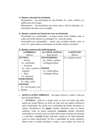 1) Quanto a duração da articulação
  •Temporários – são articulações de vida limitada. Ex.: entre a diáfise e as
   epífises dos ossos longos.
  •Permanentes – são articulações que duram toda a vida do indivíduo. Ex.:
   articulações do úmero com a escápula.

2) Quanto a maneira de fixação dos ossos na articulação
  •Articulação por continuidade – as peças ósseas estão soldadas umas as
   outras, por tecido fibrosos ou cartilagem. Ex.: ossos da cabeça.
  •Articulação por contiguidade – possui uma cavidade articular entre os
   ossos. Ex.: quase todas as articulações do membro anterior e posterior.

3) Quanto a natureza do tecido interposto
     a) FIBROSAS            b) CARTILAGÍNEAS                 c) SINOVIAIS
         Imóveis                 Semi-móveis                     Móveis
SUTURAS                    SINCONDROSES                Ex.: escápulo-umeral
  - Serratil                 Ex.: diáfise e epífises
   Ex.: interfrontal         Cartilagem hialina
  - Escamosa
   Ex.: entre o parietal e SÍNFISE
   temporal                  Ex.: sínfise púbica
  - Plana                    Cartilagem fibrosa
   Ex.: internasal
SINDESMOSES
  Ex.: rádio e ulma
GONFOSE
  Ex.: raiz do dente e seu
  alvéolo

a)   ARTICULAÇÕES FIBROSAS – são quase imóveis, a união é feita por
     meio de tecido fibroso.
     •    SUTURAS – refere-se à junção entre os ossos do crânio que estão
     unidos por tecido fibrosos ao início da vida, mas que podem ossificar-se
     após a maturidade. De acordo com a morfologia das bordas articulares, as
     suturas classificam-se em planas (bordas articulares mais ou menos
     retilíneas, como na sutura internasal), escamosas (bordas articulares
     encaixando-se em bisel, como na sutura entre a parte escamosa do temporal
     e o parietal) e serratil (bordas articulares unindo-se em linha denteada,
     como na sutura interfrontal). No feto, a quantidade de tecido conjuntivo
     fibroso entre as bordas articulares é maior, o que confere aos ossos do
 