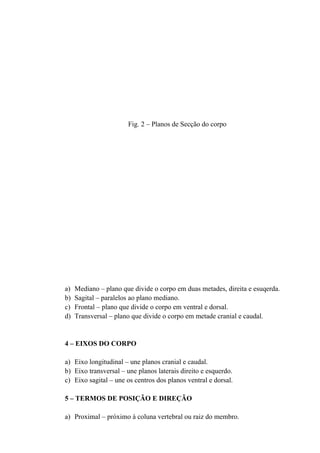 Fig. 2 – Planos de Secção do corpo




a)   Mediano – plano que divide o corpo em duas metades, direita e esuqerda.
b)   Sagital – paralelos ao plano mediano.
c)   Frontal – plano que divide o corpo em ventral e dorsal.
d)   Transversal – plano que divide o corpo em metade cranial e caudal.


4 – EIXOS DO CORPO

a) Eixo longitudinal – une planos cranial e caudal.
b) Eixo transversal – une planos laterais direito e esquerdo.
c) Eixo sagital – une os centros dos planos ventral e dorsal.

5 – TERMOS DE POSIÇÃO E DIREÇÃO

a) Proximal – próximo à coluna vertebral ou raiz do membro.
 