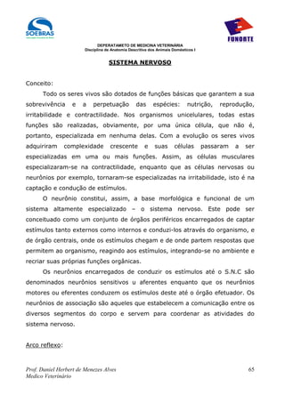DEPERATAMETO DE MEDICINA VETERINÁRIA
                        Disciplina de Anatomia Descritiva dos Animais Domésticos I


                                    SISTEMA NERVOSO


Conceito:
      Todo os seres vivos são dotados de funções básicas que garantem a sua
sobrevivência      e   a    perpetuação           das      espécies:         nutrição,    reprodução,
irritabilidade e contractilidade. Nos organismos unicelulares, todas estas
funções são realizadas, obviamente, por uma única célula, que não é,
portanto, especializada em nenhuma delas. Com a evolução os seres vivos
adquiriram      complexidade         crescente         e    suas       células       passaram   a   ser
especializadas em uma ou mais funções. Assim, as células musculares
especializaram-se na contractilidade, enquanto que as células nervosas ou
neurônios por exemplo, tornaram-se especializadas na irritabilidade, isto é na
captação e condução de estímulos.
      O neurônio constitui, assim, a base morfológica e funcional de um
sistema altamente especializado – o sistema nervoso. Este pode ser
conceituado como um conjunto de órgãos periféricos encarregados de captar
estímulos tanto externos como internos e conduzi-los através do organismo, e
de órgão centrais, onde os estímulos chegam e de onde partem respostas que
permitem ao organismo, reagindo aos estímulos, integrando-se no ambiente e
recriar suas próprias funções orgânicas.
      Os neurônios encarregados de conduzir os estímulos até o S.N.C são
denominados neurônios sensitivos u aferentes enquanto que os neurônios
motores ou eferentes conduzem os estímulos deste até o órgão efetuador. Os
neurônios de associação são aqueles que estabelecem a comunicação entre os
diversos segmentos do corpo e servem para coordenar as atividades do
sistema nervoso.


Arco reflexo:



Prof. Daniel Herbert de Menezes Alves                                                                65
Medico Veterinário
 