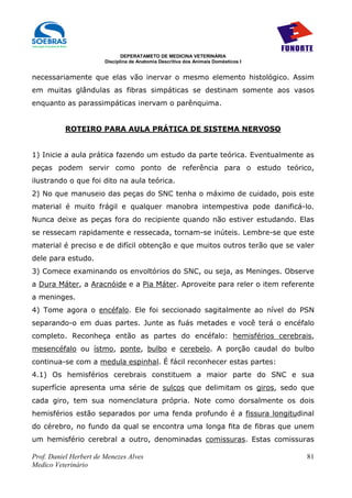 DEPERATAMETO DE MEDICINA VETERINÁRIA
                        Disciplina de Anatomia Descritiva dos Animais Domésticos I


necessariamente que elas vão inervar o mesmo elemento histológico. Assim
em muitas glândulas as fibras simpáticas se destinam somente aos vasos
enquanto as parassimpáticas inervam o parênquima.


           ROTEIRO PARA AULA PRÁTICA DE SISTEMA NERVOSO


1) Inicie a aula prática fazendo um estudo da parte teórica. Eventualmente as
peças podem servir como ponto de referência para o estudo teórico,
ilustrando o que foi dito na aula teórica.
2) No que manuseio das peças do SNC tenha o máximo de cuidado, pois este
material é muito frágil e qualquer manobra intempestiva pode danificá-lo.
Nunca deixe as peças fora do recipiente quando não estiver estudando. Elas
se ressecam rapidamente e ressecada, tornam-se inúteis. Lembre-se que este
material é preciso e de difícil obtenção e que muitos outros terão que se valer
dele para estudo.
3) Comece examinando os envoltórios do SNC, ou seja, as Meninges. Observe
a Dura Máter, a Aracnóide e a Pia Máter. Aproveite para reler o item referente
a meninges.
4) Tome agora o encéfalo. Ele foi seccionado sagitalmente ao nível do PSN
separando-o em duas partes. Junte as fuás metades e você terá o encéfalo
completo. Reconheça então as partes do encéfalo: hemisférios cerebrais,
mesencéfalo ou ístmo, ponte, bulbo e cerebelo. A porção caudal do bulbo
continua-se com a medula espinhal. É fácil reconhecer estas partes:
4.1) Os hemisférios cerebrais constituem a maior parte do SNC e sua
superfície apresenta uma série de sulcos que delimitam os giros, sedo que
cada giro, tem sua nomenclatura própria. Note como dorsalmente os dois
hemisférios estão separados por uma fenda profundo é a fissura longitudinal
do cérebro, no fundo da qual se encontra uma longa fita de fibras que unem
um hemisfério cerebral a outro, denominadas comissuras. Estas comissuras

Prof. Daniel Herbert de Menezes Alves                                                81
Medico Veterinário
 