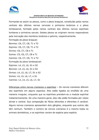 DEPERATAMETO DE MEDICINA VETERINÁRIA
                        Disciplina de Anatomia Descritiva dos Animais Domésticos I


Formando-se assim os plexos, como o plexo braquial, constituído pelos ramos
ventrais dos últimos nervos cervicais e primeiros torácicos e o plexo
lombosacral, formado pelos ramos ventrais dos últimos nervos espinhais
lombares e primeiros sacrais. Destes plexos se originam nervos responsáveis
pela inervação dos membros torácicos e pelvino, respectivamente.
Formação do plexo braquial:
Bovinos: C6, C7, C8, T1 e T2
Eqüinos: C6, C7, C8, T1 e T2
Ovinos: C6, C7, C8 e T1
Suínos: C5, C6, C7, C8 e T1
Caninos: C6, C7, C8, T1 e T2
Formação do plexo lombosacral:
Eqüinos: L4, L5, L6, S1 e S2
Bovinos: L4, L5, L6, S1 e S2
Ovinos: L4, L5, L6, L7, S1 e S2
Suínos: L4, L5, L6, L7, e S1
Caninos: L3, L4, L5, L6, L7, S1


Diferenças entre nervos cranianos e espinhais – Os nervos cranianos diferem
dos espinhais em alguns aspectos. Eles estão ligados ao encéfalo de uma
maneira irregular, enquanto que os espinhais prendem-se a medula espinhal
metamericamente. De uma maneira geral, eles não estão formados por raízes
dorsal e ventral. Sua composição de fibras aferentes e eferentes é variável.
Alguns nervos cranianos apresentam dois gânglios, enquanto que outros não
têm nenhum. Também o número de nervos cranianos é o mesmo todos os
animais domésticos, e os espinhais variam de espécie para espécie.




Prof. Daniel Herbert de Menezes Alves                                                77
Medico Veterinário
 