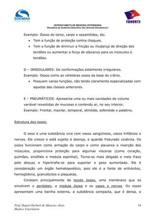 DEPERATAMETO DE MEDICINA VETERINÁRIA
                        Disciplina de Anatomia Descritiva dos Animais Domésticos I


      Exemplo: Ossos do tarso, carpo e sesamóides, etc.
          •   Tem a função de proteção contra choques.
          •   Tem a função de diminuir a fricção ou mudança de direção dos
              tendões ou aumentar a força de alavanca para os músculos e
              tendões.


      D – IRREGULARES: De conformações totalmente irregulares.
      Exemplo: Ossos como as vértebras ossos da base do crânio.
          •   Possuem varias funções, não tendo claramente especializadas com
              aquelas das classes anteriores.


      E – PNEUMÁTICOS: Apresenta uma ou mais cavidades de volume
      variável revestidas de mucosas e contendo ar, no seu interior.
      Exemplo: Frontal, maxilar, temporal, etmóide, esfenóide e palatino.


Estrutura dos ossos:


      O osso é uma substância viva com vasos sangüíneos, vasos linfáticos e
nervos. Ele cresce e está sujeito à doença, e quando fraturado cicatriza. Os
ossos funcionam como armação do corpo e como alavanca e inserção dos
músculos, proporciona proteção para algumas vísceras (como coração,
pulmões, encéfalo e medula espinhal). Torna-se mais delgado e mais fraco
pelo desuso e hipertrofia-se para suportar o peso aumentado. Ele é
consideração um órgão hematopoiético, pois ele é a fonte de eritrócitos,
hemoglobina, granulócitos e plaquetas.
      Constam principalmente de tecido ósseo, uma membrana que os
envolvem o periósteo, a medula óssea e os vasos e nervos. Os ossos
apresentam uma bainha externa, a substância compacta, que é densa, e



Prof. Daniel Herbert de Menezes Alves                                                16
Medico Veterinário
 