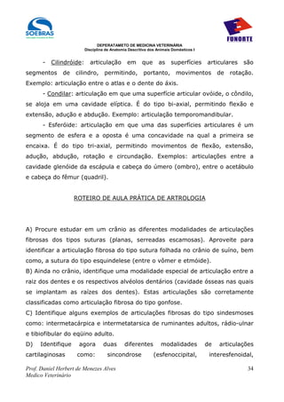 DEPERATAMETO DE MEDICINA VETERINÁRIA
                         Disciplina de Anatomia Descritiva dos Animais Domésticos I


      -   Cilindróide:     articulação         em      que      as    superfícies     articulares   são
segmentos      de   cilindro,      permitindo,          portanto,        movimentos        de   rotação.
Exemplo: articulação entre o atlas e o dente do áxis.
      - Condilar: articulação em que uma superfície articular ovóide, o côndilo,
se aloja em uma cavidade elíptica. É do tipo bi-axial, permitindo flexão e
extensão, adução e abdução. Exemplo: articulação temporomandibular.
      - Esferóide: articulação em que uma das superfícies articulares é um
segmento de esfera e a oposta é uma concavidade na qual a primeira se
encaixa. É do tipo tri-axial, permitindo movimentos de flexão, extensão,
adução, abdução, rotação e circundação. Exemplos: articulações entre a
cavidade glenóide da escápula e cabeça do úmero (ombro), entre o acetábulo
e cabeça do fêmur (quadril).


                    ROTEIRO DE AULA PRÁTICA DE ARTROLOGIA




A) Procure estudar em um crânio as diferentes modalidades de articulações
fibrosas dos tipos suturas (planas, serreadas escamosas). Aproveite para
identificar a articulação fibrosa do tipo sutura folhada no crânio de suíno, bem
como, a sutura do tipo esquindelese (entre o vômer e etmóide).
B) Ainda no crânio, identifique uma modalidade especial de articulação entre a
raiz dos dentes e os respectivos alvéolos dentários (cavidade ósseas nas quais
se implantam as raízes dos dentes). Estas articulações são corretamente
classificadas como articulação fibrosa do tipo gonfose.
C) Identifique alguns exemplos de articulações fibrosas do tipo sindesmoses
como: intermetacárpica e intermetatarsica de ruminantes adultos, rádio-ulnar
e tibiofibular do eqüino adulto.
D)    Identifique    agora        duas        diferentes         modalidades          de   articulações
cartilaginosas       como:          sincondrose              (esfenoccipital,          interesfenoidal,

Prof. Daniel Herbert de Menezes Alves                                                                 34
Medico Veterinário
 