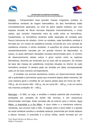DEPERATAMETO DE MEDICINA VETERINÁRIA
                        Disciplina de Anatomia Descritiva dos Animais Domésticos I


Cérebro – Compreendem duas grandes massas irregulares ovóides, os
hemisférios cerebrais de origem telencefálica. Os dois hemisférios estão
incompletamente separados, ao nível do plano sagital mediano, por uma
espessa camada de fibras nervosas dispostas transversalmente, o corpo
caloso, que constitui importante meio de união entre os hemisférios.
Caudalmente, os hemisférios cerebrais estão separados do cerebelo pela
fissura transversa do cérebro. Como no cerebelo, cada hemisfério cerebral é
formado por um núcleo de substância branda, envolvida por uma camada de
substância cinzenta, e córtex cerebelar. A superfície do córtex apresenta-se
caracteristicamente marcada por um grande número de depressões, os
sulcos, os quais delimitam elevações sinuosas denominadas giros. O número
de   desenvolvimento        destes        sulcos     e    giros      variam          entre   as   espécies
Domésticas, devendo ser lembrado que as aves não as possuem. Os núcleos
da base são massas de substâncias cinzentas situadas no interior de cada
hemisfério cerebral. O cérebro pode ser dividido em lobos correspondendo
cada um do osso craniano correspondente.
      O encéfalo nos animais domésticos mostra um desenvolvimento rápido
até a puberdade e permanece quase que invariável depois deste momento. De
uma maneira geral o encéfalo de um eqüino adulto pesa em torno de 100 –
700 g., de um bovino 400 - 550 g., de um suíno 90 – 160 g., e de um canino
nas mesmas condições 30 – 180 g.


Meninges – O SNC, ou seja, o encéfalo e medula espinhal são envolvidas e
protegidas     por   camadas         de     tecido       não     nervoso,        é     sim    conjuntivas
denominadas meninges. Estas camadas são do exterior para o interior, Dura
Máter, a Aracnóide e a Pia Máter. A dura máter e a membrana externa,
resistente, que envolve todo o SNC. O espaço entre a dura máter e a parede
do canal vertebral constitui a cavidade epidural, preenchida por tecido adiposo
e plexos venosos. A aracnóide é a túnica média, sendo formada por um

Prof. Daniel Herbert de Menezes Alves                                                                   73
Medico Veterinário
 