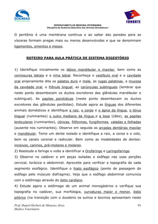 DEPERATAMETO DE MEDICINA VETERINÁRIA
                        Disciplina de Anatomia Descritiva dos Animais Domésticos I


O peritônio é uma membrana contínua e ao saltar das paredes para as
vísceras formam pregas mais ou menos desenvolvidas e que se denominam
ligamentos, omentos e mesos.


        ROTEIRO PARA AULA PRÁTICA DE SISTEMA DIGESTÓRIO


1) Identifique inicialmente os lábios mandibular e maxilar, bem como as
comissuras labiais e a rima labial. Reconheça o vestíbulo oral e a cavidade
oral propriamente dita os palatos duro e mole, as rugas palatinas, a mucosa
da cavidade oral, o frênulo lingual, as carúnculas sublinguais (lembrar que
neste ponto desembocam os ductos excretores das glândulas mandibular e
sublingual). As papilas parotidicas (neste ponto desembocam os ductos
excretores das glândulas parótidas). Estude agora as línguas dos diferentes
animais domésticos e identifique a raiz, o corpo e o ápice da língua, o tórus
lingual (ruminantes) o sulco mediano da língua e a lissa (cães), as papilas
lenticulares (ruminantes), cônicas, filiformes, fungiformes, valadas e folhadas
(ausente nos ruminantes). Observe em seguida as arcadas dentárias maxilar
e mandibular. Tome um dente isolado e identifique a raiz, a coroa e o colo,
bem os canais coronal e radicular. Bem como as modalidades de dentes:
incisivos, caninos, pré-molares e molares.
2) Reestude a faringe e volte a identificar a Orofaringe e Laringofaringe.
3) Observe no cadáver e em peças isoladas o esôfago nas usas porções
cervical, torácica e abdominal. Aproveite para verificar a topografia de cada
segmento esofágico. Identifique o hiato esofágico (ponto de passagem do
esôfago pelo músculo diafragma). Veja que o esôfago abdominal comunica
com o estômago através do óstio cardíaco.
4) Estude agora o estômago de um animal monogástrico e verifique sua
topografia no cadáver, sua morfologia, curvaturas maior e menor, óstio
pilórico (na transição com o duodeno os suínos e bovinos apresentam neste

Prof. Daniel Herbert de Menezes Alves                                                91
Medico Veterinário
 