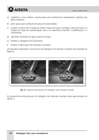 Soldagem dos aços inoxidáveis
a) estabilizar o arco elétrico, promovendo uma transferência relativamente uniforme das
gotas metálicas;
b) gerar gases para proteção da poça de fusão líquida;
c) produzir escória com o intuito de refinar a poça de fusão e proteger a poça de fusão e o
cordão de solda da contaminação com o ar atmosférico durante a solidificação e o
resfriamento;
d) adicionar elementos de liga na poça de fusão;
e) facilitar a soldagem fora de posição;
f) facilitar a fabricação dos eletrodos revestidos.
Um desenho esquemático do processo de soldagem com eletrodo revestido está mostrado na
figura 8.
Fig. 8 - Esquema do processo de soldagem com eletrodo revestido.
As características do processo de soldagem com eletrodo revestido estão apresentadas na
tabela 3.
20
 