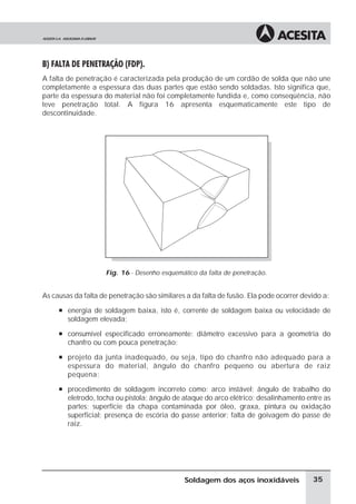 B) FALTA DE PENETRAÇÃO (FDP).
A falta de penetração é caracterizada pela produção de um cordão de solda que não une
completamente a espessura das duas partes que estão sendo soldadas. Isto significa que,
parte da espessura do material não foi completamente fundida e, como conseqüência, não
teve penetração total. A figura 16 apresenta esquematicamente este tipo de
descontinuidade.
Fig. 16 - Desenho esquemático da falta de penetração.
As causas da falta de penetração são similares a da falta de fusão. Ela pode ocorrer devido a:
à energia de soldagem baixa, isto é, corrente de soldagem baixa ou velocidade de
soldagem elevada;
à consumível especificado erroneamente: diâmetro excessivo para a geometria do
chanfro ou com pouca penetração;
à projeto da junta inadequado, ou seja, tipo do chanfro não adequado para a
espessura do material, ângulo do chanfro pequeno ou abertura de raiz
pequena;
à procedimento de soldagem incorreto como: arco instável; ângulo de trabalho do
eletrodo, tocha ou pistola; ângulo de ataque do arco elétrico; desalinhamento entre as
partes; superfície da chapa contaminada por óleo, graxa, pintura ou oxidação
superficial; presença de escória do passe anterior; falta de goivagem do passe de
raiz.
35Soldagem dos aços inoxidáveis
 