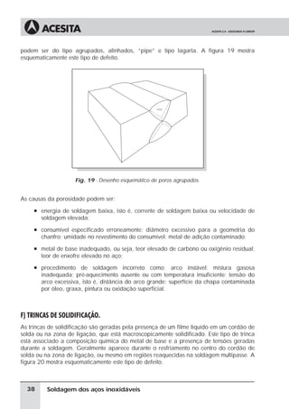 Soldagem dos aços inoxidáveis
podem ser do tipo agrupados, alinhados, “pipe” e tipo lagarta. A figura 19 mostra
esquematicamente este tipo de defeito.
Fig. 19 - Desenho esquemático de poros agrupados.
As causas da porosidade podem ser:
à energia de soldagem baixa, isto é, corrente de soldagem baixa ou velocidade de
soldagem elevada;
à consumível especificado erroneamente: diâmetro excessivo para a geometria do
chanfro; umidade no revestimento do consumível; metal de adição contaminado;
à metal de base inadequado, ou seja, teor elevado de carbono ou oxigênio residual;
teor de enxofre elevado no aço;
à procedimento de soldagem incorreto como: arco instável; mistura gasosa
inadequada; pré-aquecimento ausente ou com temperatura insuficiente; tensão do
arco excessiva, isto é, distância do arco grande; superfície da chapa contaminada
por óleo, graxa, pintura ou oxidação superficial.
F) TRINCAS DE SOLIDIFICAÇÃO.
As trincas de solidificação são geradas pela presença de um filme líquido em um cordão de
solda ou na zona de ligação, que está macroscopicamente solidificado. Este tipo de trinca
está associado a composição química do metal de base e a presença de tensões geradas
durante a soldagem. Geralmente aparece durante o resfriamento no centro do cordão de
solda ou na zona de ligação, ou mesmo em regiões reaquecidas na soldagem multipasse. A
figura 20 mostra esquematicamente este tipo de defeito.
38
 