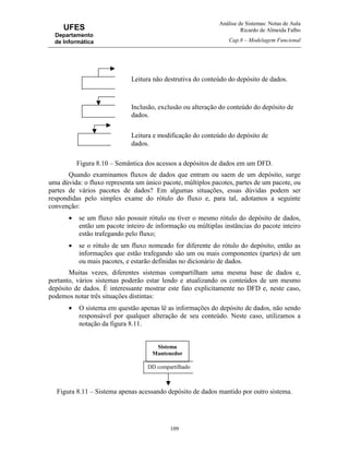 Análise de Sistemas: Notas de Aula
Ricardo de Almeida Falbo
Cap.8 – Modelagem Funcional
109
UFES
Departamento
de Informática
Figura 8.10 – Semântica dos acessos a depósitos de dados em um DFD.
Quando examinamos fluxos de dados que entram ou saem de um depósito, surge
uma dúvida: o fluxo representa um único pacote, múltiplos pacotes, partes de um pacote, ou
partes de vários pacotes de dados? Em algumas situações, essas dúvidas podem ser
respondidas pelo simples exame do rótulo do fluxo e, para tal, adotamos a seguinte
convenção:
• se um fluxo não possuir rótulo ou tiver o mesmo rótulo do depósito de dados,
então um pacote inteiro de informação ou múltiplas instâncias do pacote inteiro
estão trafegando pelo fluxo;
• se o rótulo de um fluxo nomeado for diferente do rótulo do depósito, então as
informações que estão trafegando são um ou mais componentes (partes) de um
ou mais pacotes, e estarão definidas no dicionário de dados.
Muitas vezes, diferentes sistemas compartilham uma mesma base de dados e,
portanto, vários sistemas poderão estar lendo e atualizando os conteúdos de um mesmo
depósito de dados. É interessante mostrar este fato explicitamente no DFD e, neste caso,
podemos notar três situações distintas:
• O sistema em questão apenas lê as informações do depósito de dados, não sendo
responsável por qualquer alteração de seu conteúdo. Neste caso, utilizamos a
notação da figura 8.11.
Figura 8.11 – Sistema apenas acessando depósito de dados mantido por outro sistema.
DD compartilhado
Leitura não destrutiva do conteúdo do depósito de dados.
Inclusão, exclusão ou alteração do conteúdo do depósito de
dados.
Leitura e modificação do conteúdo do depósito de
dados.
Sistema
Mantenedor
 