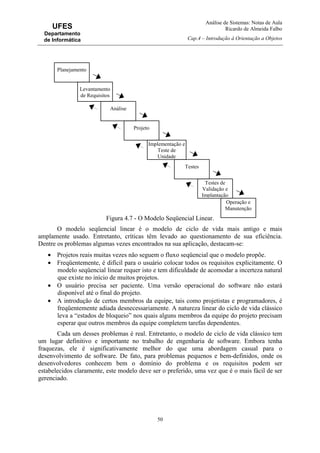 Análise de Sistemas: Notas de Aula
Ricardo de Almeida Falbo
Cap.4 – Introdução à Orientação a Objetos
50
UFES
Departamento
de Informática
Figura 4.7 - O Modelo Seqüencial Linear.
O modelo seqüencial linear é o modelo de ciclo de vida mais antigo e mais
amplamente usado. Entretanto, críticas têm levado ao questionamento de sua eficiência.
Dentre os problemas algumas vezes encontrados na sua aplicação, destacam-se:
• Projetos reais muitas vezes não seguem o fluxo seqüencial que o modelo propõe.
• Freqüentemente, é difícil para o usuário colocar todos os requisitos explicitamente. O
modelo seqüencial linear requer isto e tem dificuldade de acomodar a incerteza natural
que existe no início de muitos projetos.
• O usuário precisa ser paciente. Uma versão operacional do software não estará
disponível até o final do projeto.
• A introdução de certos membros da equipe, tais como projetistas e programadores, é
freqüentemente adiada desnecessariamente. A natureza linear do ciclo de vida clássico
leva a “estados de bloqueio” nos quais alguns membros da equipe do projeto precisam
esperar que outros membros da equipe completem tarefas dependentes.
Cada um desses problemas é real. Entretanto, o modelo de ciclo de vida clássico tem
um lugar definitivo e importante no trabalho de engenharia de software. Embora tenha
fraquezas, ele é significativamente melhor do que uma abordagem casual para o
desenvolvimento de software. De fato, para problemas pequenos e bem-definidos, onde os
desenvolvedores conhecem bem o domínio do problema e os requisitos podem ser
estabelecidos claramente, este modelo deve ser o preferido, uma vez que é o mais fácil de ser
gerenciado.
Planejamento
Levantamento
de Requisitos
Análise
Implementação e
Teste de
Unidade
Testes
Testes de
Validação e
Implantação
Projeto
Operação e
Manutenção
 
