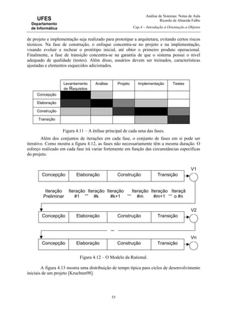 Análise de Sistemas: Notas de Aula
Ricardo de Almeida Falbo
Cap.4 – Introdução à Orientação a Objetos
55
UFES
Departamento
de Informática
de projeto e implementação seja realizado para prototipar a arquitetura, evitando certos riscos
técnicos. Na fase de construção, o enfoque concentra-se no projeto e na implementação,
visando evoluir e rechear o protótipo inicial, até obter o primeiro produto operacional.
Finalmente, a fase de transição concentra-se na garantia de que o sistema possui o nível
adequado de qualidade (testes). Além disso, usuários devem ser treinados, características
ajustadas e elementos esquecidos adicionados.
Figura 4.11 – A ênfase principal de cada uma das fases.
Além dos conjuntos de iterações em cada fase, o conjunto de fases em si pode ser
iterativo. Como mostra a figura 4.12, as fases não necessariamente têm a mesma duração. O
esforço realizado em cada fase irá variar fortemente em função das circunstâncias específicas
do projeto.
Figura 4.12 – O Modelo da Rational.
A figura 4.13 mostra uma distribuição de tempo típica para ciclos de desenvolvimento
iniciais de um projeto [Kruchten98].
Concepção Elaboração Construção Transição
V1
Iteração
Preliminar
Iteração
#1
Iteração
#k
Iteração
#k+1
Iteração
#m
Iteração
#m+1
Iteraçã
o #n
... ... ...
Concepção Elaboração Construção Transição
V2
Concepção Elaboração Construção Transição
Vn
...
Levantamento
de Requisitos
Análise Projeto
Concepção
Elaboração
Construção
Transição
Implementação Testes
 