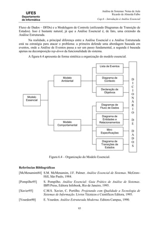 Análise de Sistemas: Notas de Aula
Ricardo de Almeida Falbo
Cap.6 – Introdução à Análise Essencial
85
UFES
Departamento
de Informática
Fluxo de Dados – DFDs) e a Modelagem de Controle (utilizando Diagramas de Transição de
Estados). Isso é bastante natural, já que a Análise Essencial é, de fato, uma extensão da
Análise Estruturada.
Na realidade, a principal diferença entre a Análise Essencial e a Análise Estruturada
está na estratégia para atacar o problema: a primeira defende uma abordagem baseada em
eventos, onde a Análise de Eventos passa a ser um passo fundamental, a segunda é baseada
apenas na decomposição top-down da funcionalidade do sistema.
A figura 6.4 apresenta de forma sintética a organização do modelo essencial.
Figura 6.4 – Organização do Modelo Essencial.
Referências Bibliográficas
[McMenamim84] S.M. McMenamim, J.F. Palmer. Análise Essencial de Sistemas. McGraw-
Hill, São Paulo, 1984.
[Pompilho95] S. Pompilho. Análise Essencial: Guia Prático de Análise de Sistemas.
IBPI Press, Editora Infobook, Rio de Janeiro, 1995.
[Xavier95] C.M.S. Xavier, C. Portilho. Projetando com Qualidade a Tecnologia de
Sistemas de Informação. Livros Técnicos e Científicos Editora, 1995.
[Yourdon90] E. Yourdon. Análise Estruturada Moderna. Editora Campus, 1990.
Modelo
Essencial
Modelo
Ambiental
Lista de Eventos
Diagrama de
Contexto
Declaração de
Objetivos
Modelo
Comportamental
Diagramas de
Fluxo de Dados
Diagrama de
Entidades e
Relacionamentos
Mini-
Especificações
Diagrama de
Transições de
Estados
D
I
C
I
O
N
Á
R
I
O
D
E
D
A
D
O
S
 