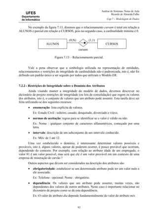 Análise de Sistemas: Notas de Aula
Ricardo de Almeida Falbo
Cap.7 – Modelagem de Dados
93
UFES
Departamento
de Informática
No exemplo da figura 7.13, dizemos que o relacionamento cursam é total em relação a
ALUNOS e parcial em relação a CURSOS, pois no segundo caso, a cardinalidade mínima é 0.
Figura 7.13 – Relacionamento parcial.
Vale a pena observar que a simbologia utilizada na representação de entidades,
relacionamentos e restrições de integridade de cardinalidade não é padronizada, isto é, não foi
definido um padrão único a ser seguido por todos que utilizam o Modelo ER.
7.2.2 - Restrições de Integridade sobre o Domínio dos Atributos
Ainda visando manter a integridade do modelo de dados, devemos descrever no
dicionário de projeto restrições de integridade (ou leis de consolidação) que regem os valores
dos atributos, isto é, o conjunto de valores que um atributo pode assumir. Esta tarefa deve ser
feita utilizando-se dos seguintes recursos:
• enumeração: lista explícita de valores.
Ex: Estado Civil : solteiro, casado, desquitado, divorciado e viúvo.
• normas de aceitação: regras para se identificar se o valor é válido ou não.
Ex: Nome : qualquer conjunto de caracteres alfanuméricos, começado por uma
letra.
• intervalo: descrição de um subconjunto de um intervalo conhecido.
Ex: Mês: de 1 até 12.
Uma vez estabelecido o domínio, é interessante determinar valores possíveis e
prováveis, isto é, alguns valores, apesar de poderem ocorrer, é pouco provável que ocorram,
dependendo do contexto. Por exemplo, com relação ao atributo idade de um empregado, o
valor 81 é um valor possível, mas será que ele é um valor provável em um contexto de uma
empresa de mineração de carvão ?
Outros aspectos que devem ser considerados na descrição dos atributos são:
• obrigatoriedade: estabelecer se um determinado atributo pode ter um valor nulo a
ele associado.
Ex: Telefone : opcional. Nome : obrigatório.
• dependência: Os valores que um atributo pode assumir, muitas vezes, são
dependentes dos valores de outros atributos. Neste caso é importante relacionar no
dicionário de projeto como se dá esta dependência.
Ex: O valor do atributo dia depende fundamentalmente do valor do atributo mês.
CURSOSALUNOS
cursam
(1,1)(0,N)
 