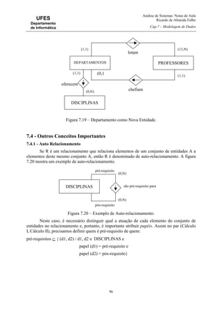 Análise de Sistemas: Notas de Aula
Ricardo de Almeida Falbo
Cap.7 – Modelagem de Dados
96
UFES
Departamento
de Informática
Figura 7.19 – Departamento como Nova Entidade.
7.4 - Outros Conceitos Importantes
7.4.1 - Auto Relacionamento
Se R é um relacionamento que relaciona elementos de um conjunto de entidades A a
elementos deste mesmo conjunto A, então R é denominado de auto-relacionamento. A figura
7.20 mostra um exemplo de auto-relacionamento.
Figura 7.20 – Exemplo de Auto-relacionamento.
Neste caso, é necessário distinguir qual a atuação de cada elemento do conjunto de
entidades no relacionamento e, portanto, é importante atribuir papéis. Assim no par (Cálculo
I, Cálculo II), precisamos definir quem é pré-requisito de quem:
pré-requisitos ⊆ { (d1, d2) / d1, d2 ∈ DISCIPLINAS e
papel (d1) = pré-requisito e
papel (d2) = pós-requisito}
PROFESSORESDEPARTAMENTOS
lotam
chefiam
DISCIPLINAS
oferecem
(1,1)
(0,1
(1,1) (13,N)
(1,1)
(0,N)
DISCIPLINAS são pré-requisito para
(0,N)
(0,N)
pré-requisito
pós-requisito
 