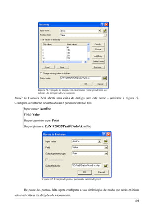 Raster to Features. Será aberta uma caixa de diálogo com este nome – conforme a Figura 72.
Configure-a conforme descrito abaixo e pressione o botão OK:
Input raster: AzmEsc
Field: Value
Output geometry type: Point
Output features: C:N1920052Prat6DadosAzmEsc
De posse dos pontos, falta agora configurar a sua simbologia, de modo que serão exibidas
setas indicativas das direções de escoamento.
104
Figura 71. Criação do mapa com os azimutes correspondentes aos
valores de direções de escoamento.
Figura 72. Criação de pontos para cada centro de pixel.
 