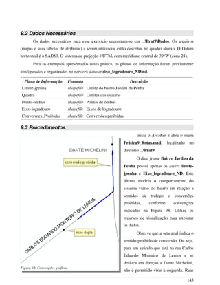 9.2 Dados Necessários
Os dados necessários para esse exercício encontram-se em ...Prat9Dados. Os arquivos
(mapas e suas tabelas de atributos) a serem utilizados estão descritos no quadro abaixo. O Datum
horizontal é o SAD69. O sistema de projeção é UTM, com meridiano central de 39°W (zona 24).
Para os exemplos apresentados nesta prática, os planos de informação foram previamente
configurados e organizados no network dataset eixo_logradouro_ND.nd.
Plano de Informação Formato Descrição
Limite-jpenha shapefile Limite do bairro Jardim da Penha
Quadra shapefile Limites das quadras
Ponto-onibus shapefile Pontos de ônibus
Eixo-logradouro shapefile Eixos de logradouro
Conversoes_Proibidas shapefile Conversões proíbidas
9.3 Procedimentos
Inicie o ArcMap e abra o mapa
Prática9_Rotas.mxd, localizado no
diretório ...Prat9.
O data frame Bairro Jardim da
Penha possui apenas os layers limite-
jpenha e Eixo_logradouro_ND. Este
último modela o comportamento do
sistema viário do bairro em relação a
sentidos de tráfego e conversões
proibidas, conforme convenções
indicadas na Figura 98. Utilize os
recursos de visualização para explorar
os dados.
Observe que a seta azul indica o
sentido proibido de conversão. Ou seja,
para um veículo que está na rua Carlos
Eduardo Monteiro de Lemos e se
desloca em direção a Dante Michelini,
não é permitido virar à esquerda. Ruas
145
Figura 98: Convenções gráficas.
 