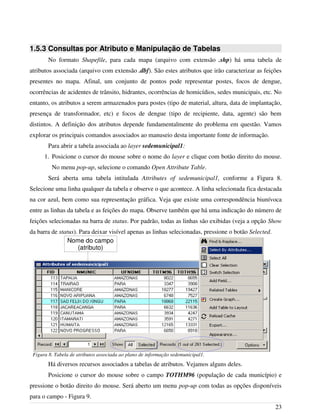 1.5.3 Consultas por Atributo e Manipulação de Tabelas
No formato Shapefile, para cada mapa (arquivo com extensão .shp) há uma tabela de
atributos associada (arquivo com extensão .dbf). São estes atributos que irão caracterizar as feições
presentes no mapa. Afinal, um conjunto de pontos pode representar postes, focos de dengue,
ocorrências de acidentes de trânsito, hidrantes, ocorrências de homicídios, sedes municipais, etc. No
entanto, os atributos a serem armazenados para postes (tipo de material, altura, data de implantação,
presença de transformador, etc) e focos de dengue (tipo de recipiente, data, agente) são bem
distintos. A definição dos atributos depende fundamentalmente do problema em questão. Vamos
explorar os principais comandos associados ao manuseio desta importante fonte de informação.
Para abrir a tabela associada ao layer sedemunicipal1:
1. Posicione o cursor do mouse sobre o nome do layer e clique com botão direito do mouse.
No menu pop-up, selecione o comando Open Attribute Table.
Será aberta uma tabela intitulada Attributes of sedemunicipal1, conforme a Figura 8.
Selecione uma linha qualquer da tabela e observe o que acontece. A linha selecionada fica destacada
na cor azul, bem como sua representação gráfica. Veja que existe uma correspondência biunívoca
entre as linhas da tabela e as feições do mapa. Observe também que há uma indicação do número de
feições selecionadas na barra de status. Por padrão, todas as linhas são exibidas (veja a opção Show
da barra de status). Para deixar visível apenas as linhas selecionadas, pressione o botão Selected.
Há diversos recursos associados a tabelas de atributos. Vejamos alguns deles.
Posicione o cursor do mouse sobre o campo TOTHM96 (população de cada município) e
pressione o botão direito do mouse. Será aberto um menu pop-up com todas as opções disponíveis
para o campo - Figura 9.
23
Figura 8. Tabela de atributos associada ao plano de informação sedemunicipal1.
Nome do campo
(atributo)
 