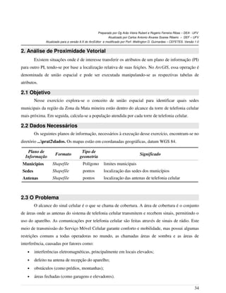 Preparado por Og Arão Vieira Rubert e Rogério Ferreira Ribas – DEA - UFV
Atualizado por Carlos Antonio Alvares Soares Ribeiro – DEF – UFV
Atualizado para a versão 9.X do ArcEditor e modificado por Porf. Wellington D. Guimarães – CEFETES. Versão 1.0
2. Análise de Proximidade Vetorial
Existem situações onde é de interesse transferir os atributos de um plano de informação (PI)
para outro PI, tendo-se por base a localização relativa de suas feições. No ArcGIS, essa operação é
denominada de união espacial e pode ser executada manipulando-se as respectivas tabelas de
atributos.
2.1 Objetivo
Nesse exercício explora-se o conceito de união espacial para identificar quais sedes
municipais da região da Zona da Mata mineira estão dentro do alcance da torre de telefonia celular
mais próxima. Em seguida, calcula-se a população atendida por cada torre de telefonia celular.
2.2 Dados Necessários
Os seguintes planos de informação, necessários à execução desse exercício, encontram-se no
diretório ...prat2dados. Os mapas estão em coordanadas geográficas, datum WGS 84.
Plano de
Informação
Formato
Tipo de
geometria
Significado
Municipios Shapefile Polígono limites municipais
Sedes Shapefile pontos localização das sedes dos municípios
Antenas Shapefile pontos localização das antenas de telefonia celular
2.3 O Problema
O alcance do sinal celular é o que se chama de cobertura. A área de cobertura é o conjunto
de áreas onde as antenas do sistema de telefonia celular transmitem e recebem sinais, permitindo o
uso do aparelho. As comunicações por telefonia celular são feitas através de sinais de rádio. Este
meio de transmissão do Serviço Móvel Celular garante conforto e mobilidade, mas possui algumas
restrições comuns a todas operadoras no mundo, as chamadas áreas de sombra e as áreas de
interferência, causadas por fatores como:
• interferências eletromagnéticas, principalmente em locais elevados;
• defeito na antena de recepção do aparelho;
• obstáculos (como prédios, montanhas);
• áreas fechadas (como garagens e elevadores).
34
 