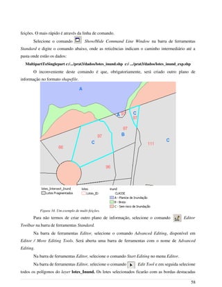 feições. O mais rápido é através da linha de comando.
Selecione o comando Show/Hide Command Line Window na barra de ferramentas
Standard e digite o comando abaixo, onde as reticências indicam o caminho intermediário até a
pasta onde estão os dados:
MultipartToSinglepart c:/.../prat3/dados/lotes_inund.shp c:/ .../prat3/dados/lotes_inund_exp.shp
O inconveniente deste comando é que, obrigatoriamente, será criado outro plano de
informação no formato shapefile.
Para não termos de criar outro plano de informação, selecione o comando Editor
Toolbar na barra de ferramentas Standard.
Na barra de ferramentas Editor, selecione o comando Advanced Editing, disponível em
Editor / More Editing Tools. Será aberta uma barra de ferramentas com o nome de Advanced
Editing.
Na barra de ferramentas Editor, selecione o comando Start Editing no menu Editor.
Na barra de ferramentas Editor, selecione o comando Edit Tool e em seguida selecione
todos os polígonos do layer lotes_Inund. Os lotes selecionados ficarão com as bordas destacadas
58
Figura 34. Um exemplo de multi-feições.
 