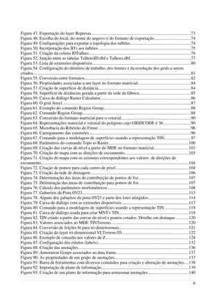 Figura 47. Exportação do layer Represas...........................................................................................73
Figura 48. Escolha do local, do nome do arquivo e do formato de exportação..................................74
Figura 49. Configurações para exportar a topologia dos talhões........................................................74
Figura 50. Incorporação dos ID's aos talhões.....................................................................................75
Figura 51. Criação da coluna IDTalhao..............................................................................................76
Figura 52. Junção entre as tabelas TalhoesID.dbf e Talhoes.dbf........................................................77
Figura 53. Lista de extensões disponíveis..........................................................................................80
Figura 54. Configuração do diretório de trabalho, dos limites e da resolução dos grids a serem
criados.................................................................................................................................................81
Figura 55. Conversão entre formatos..................................................................................................82
Figura 56. Propriedades associadas a um layer no formato matricial.................................................84
Figura 57. Criação de superfície de distância.....................................................................................84
Figura 58. Superfície de distâncias gerada a partir da sede da fábrica...............................................85
Figura 59. Caixa de diálogo Raster Calculator...................................................................................86
Figura 60. O grid Area1......................................................................................................................87
Figura 61. Exemplo do comando Region Group................................................................................88
Figura 62. Comando Region Group....................................................................................................88
Figura 63. Conversão do formato matricial para o vetorial................................................................90
Figura 64. Representações matricial e vetorial do polígono cujo GRIDCODE é 36.........................90
Figura 65. Microbacia do Ribeirão do Firme.....................................................................................96
Figura 66. Carregamento das extensões.............................................................................................96
Figura 67. Comando para a modelagem de superfícies usando a representação TIN........................97
Figura 68. Parâmetros do comando Topo to Raster.........................................................................100
Figura 69. Criação das curvas de nível a partir do MDE no formato matricial................................101
Figura 70. Criação do mapa com as direções de escoamento...........................................................103
Figura 71. Criação do mapa com os azimutes correspondentes aos valores de direções de
escoamento.......................................................................................................................................104
Figura 72. Criação de pontos para cada centro de pixel...................................................................104
Figura 73. Criação da rede de drenagem..........................................................................................106
Figura 74. Determinação das áreas de contribuição de pontos de foz..............................................107
Figura 75. Delimitação das áreas de contribuição para pontos de foz..............................................107
Figura 76. Cálculo dos parâmetros morfométricos...........................................................................108
Figura 77. Gabaritos da Pista 05/23..................................................................................................113
Figura 78. Alguns dos gabaritos da pista 05/23 e parte dos lotes atingidos.....................................114
Figura 79. Caixa de diálogo com as extensões disponíveis..............................................................117
Figura 80. Comando para a modelagem de superfícies usando a representação TIN......................118
Figura 81. Caixa de diálogo usada para criar MNT's TIN................................................................118
Figura 82. TIN criado a partir das curvas de nível e pontos cotados. Detalhe em destaque.............120
Figura 83. Valores associados ao MDE TINTerreno........................................................................120
Figura 84. Conversão de feições bi para tri-dimensionais................................................................121
Figura 85. Criação do layer tri-dimensional VLTerreno3D.............................................................122
Figura 86. Exemplo de consulta aos valores de Z............................................................................128
Figura 87: Configuração dos rótulos (labels)...................................................................................132
Figura 88: Criação das anotações.....................................................................................................136
Figura 89: Annotation Goups associados ao data frame..................................................................137
Figura 90: As propriedades de um grupo de anotações....................................................................137
Figura 91: Barra de ferramentas com diversos comandos para criação e alteração de anotações....138
Figura 92: Importação de plano de informação................................................................................139
Figura 93: Criação de um plano de informação para armazenar anotações.....................................140
6
 