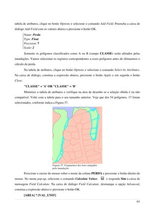 tabela de atributos, clique no botão Options e selecione o comando Add Field. Preencha a caixa de
diálogo Add Field com os valores abaixo e pressione o botão OK.
Name: Perda
Type: Float
Precision: 7
Scale: 2
Somente os polígonos classificados como A ou B (campo CLASSE) serão afetados pelas
inundações. Vamos selecionar os registros correspondentes a esses polígonos antes de efetuarmos o
cálculo da perda.
Na tabela de atributos, clique no botão Options e selecione o comando Select by Attributes.
Na caixa de diálogo, construa a expressão abaixo, pressione o botão Apply e em seguida o botão
Close.
"CLASSE" = 'A' OR "CLASSE" = 'B'
Minimize a tabela de atributos e verifique na área de desenho se a seleção obtida é ou não
compatível. Volte com a tabela para o seu tamanho anterior. Veja que dos 54 polígonos, 17 foram
selecionados, conforme indica a Figura 37.
Posicione o cursor do mouse sobre o nome da coluna PERDA e pressione o botão direito do
mouse. No menu pop-up, selecione o comando Calculate Values e responda Sim à caixa de
mensagem Field Calculate. Na caixa de diálogo Field Calculate, desmarque a opção Advanced,
construa a expressão abaixo e pressione o botão OK.
[AREA] * [VAL_UNIT]
61
Figura 37. Fragmentos dos lotes atingidos
pela inundação.
 