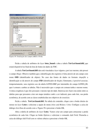 Feche a tabela de atributos do layer lotes_Inund e abra a tabela Tot-Lot-Inund.dbf, que
estará disponível no final da lista de fontes de dados da TOC.
A tabela Tot-Lot-Inund.dbf não está vinculada a layer algum e, por isso mesmo, não possui
o campo Shape. Observe também que a identificação dos registros é feita através de um campo com
nome OID (identificador de objeto). No caso das fontes de dados no formato shapefile a
identificação se dá através do campo FID (identificador de feição). Entretanto, é possível associar,
temporariamente, seus registros aos da tabela LOTES.DBF por intermédio do campo LOTES_ID,
que é comum a ambas as tabelas. Não é necessário que o campo em comum tenha o mesmo nome.
A única exigência é que eles possuam o mesmo tipo de dado. Interessa-nos fazer esta união entre as
tabelas para que possamos criar um mapa temático onde a cor indicará, para cada lote, sua perda
econômica, de acordo com as classe estabelecidas nos objetivos do exercício.
Feche a tabela Tot-Lot-Inund.dbf. Na tabela de conteúdo, clique com o botão direito do
mouse no layer Lotes e selecione a opção de menu Joins and Relates / Join. Configue a caixa de
diálogo Join Data de acordo com a Figura 39 e pressione o botão OK.
Abra a tabela de atributos do layer Lotes. Vamos criar um campo para armazenar a perda
econômica de cada lote. Clique no botão Options e selecione o comando Add Field. Preencha a
caixa de diálogo Add Field com os valores abaixo e pressione o botão OK.
63
Figura 38. Totalização dos campos AREA e Perda.
 