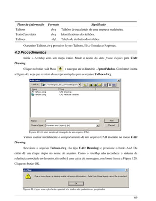 Plano de Informação Formato Significado
Talhoes dwg Talhões de eucaliptais de uma empresa madeireira.
TextoCentroides dwg Identificadores dos talhões.
Talhoes dbf Tabela de atributos dos talhões.
O arquivo Talhoes.dwg possui os layers Talhoes, Eixo-Estradas e Represas.
4.3 Procedimentos
Inicie o ArcMap com um mapa vazio. Mude o nome do data frame Layers para CAD
Drawing.
Clique no botão Add Data e navegue até o diretório ...prat4dados. Conforme ilustra
a Figura 40, veja que existem duas representações para o arquivo Talhoes.dwg.
Vamos avaliar inicialmente o comportamento de um arquivo CAD inserido no modo CAD
Drawing.
Selecione o arquivo Talhoes.dwg (do tipo CAD Drawing) e pressione o botão Add. Ou
então dê um clique duplo no nome do arquivo. Como o ArcMap não reconhece o sistema de
referência associado ao desenho, ele exibirá uma caixa de mensagem, conforme ilustra a Figura 120.
Clique no botão OK.
69
Figura 40. Os dois modos de inserção de um arquivo CAD.
Figura 41. Layer sem referência espacial. Os dados não poderão ser projetados.
 