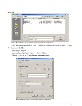 botão OK.
Será aberta a caixa de diálogo Export. Assinale as configurações conforme ilustra a Figura
49 e clique no botão OK.
Object type: Polygon
Select polygon topology to export: => Name: Talhoes
Marque a caixa de verificação Group complex polygons.
74
Figura 48. Escolha do local, do nome do arquivo e do formato de exportação.
Figura 49. Configurações para exportar a topologia dos talhões.
 