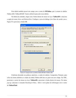Esta tabela também possui um campo com o nome de IDTalhao, que é comum às tabelas
Talhoes.dbf e TalhoesID.dbf. Vamos utilizá-lo para unir essas tabelas.
Na tabela de conteúdo, clique com o botão direito do mouse no layer TalhoesID e selecione
a opção de menu Joins and Relates/Join. Configue a caixa de diálogo Join Data de acordo com a
Figura 52 e pressione o botão OK.
Conforme discutido em práticas anteriores, a união de tabelas é temporária. Portanto, para
salvar de forma definitiva os dados da tabela Talhoes.dbf deve-se gerar um novo shape. Na TOC,
posicione o cursor do mouse no layer TalhoesID e pressione o botão direito do mouse. No menu
pop-up, selecione o comando Data/Export Data... Salve o novo plano de informação com o nome
de TalhoesFinal.
77
Figura 52. Junção entre as tabelas TalhoesID.dbf e Talhoes.dbf.
 