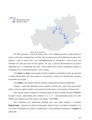 Na TOC, posicione o cursor do mouse sobre o layer Area1, pressione o botão direito do
mouse e selecione o comando Open attribute table no menu pop-up. Esta tabela possui apenas dois
registros – para os valores zero e um. Conseqüentemente, se calcularmos o valor de área, será
retornado um valor para cada um dos registros. Ou seja, o software desconsideraria um aspecto
importante que é a contigüidade das áreas. Vamos definir dois conceitos importantes quando se
manipulam layers no formato matricial – classe e região.
Uma classe (ou zona) é um conjunto de pixels, contíguos (conectados) ou não, que possuem
o mesmo identificador. Em outras palavras, corresponde ao número de identificadores distintos
encontrados em um grid.
Uma região é um conjunto de pixels contíguos (conectados) de mesmo identificador.
Portanto, a partir das definições acima, podemos concluir que o grid Area1 possui duas
classes e diversas regiões. Lembre-se do conceito de multi-feições visto na prática de número três.
Para reforçar, observe a Figura 61, extraída da ajuda on-line do ArcGIS. Na matriz INGRID1
há quatro classes, representadas pelos números 0, 1, 2 e 4 – desconsiderando pixels com valor
NoData. Estas quatro classes dão origem a seis regiões – OUTGRID.
Para atribuirmos um identificador diferente para cada região utiliza-se o comando
RegionGroup – disponível na barra de ferramentas Spatial Analyst (via Raster Calculator) e no
ArcToolbox. Novamente em relação às multi-feições é conceitualmente semelhante ao Explode da
prática três.
87
Figura 60. O grid Area1.
 