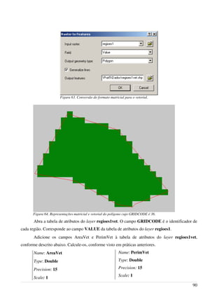 Abra a tabela de atributos do layer regioes1vet. O campo GRIDCODE é o identificador de
cada região. Corresponde ao campo VALUE da tabela de atributos do layer regioes1.
Adicione os campos AreaVet e PerimVet à tabela de atributos do layer regioes1vet,
conforme descrito abaixo. Calcule-os, conforme visto em práticas anteriores.
Name: AreaVet
Type: Double
Precision: 15
Scale: 1
90
Figura 63. Conversão do formato matricial para o vetorial.
Figura 64. Representações matricial e vetorial do polígono cujo GRIDCODE é 36.
Name: PerimVet
Type: Double
Precision: 15
Scale: 1
 