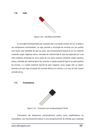 www.eletrogate.com 36
7.6. Leds
Figura 7.10 – Led Difuso Vermelho
O Led (Light Emitting Diode) por exemplo são é um diodo emissor de luz. O diodo é
um componente semicondutor, ou seja, permite a circulação de corrente em um sentido
com muito mais facilidade do que no outro. Seu funcionamento baseia-se em um material
contendo cargas negativas extras, chamado de material tipo-N, que fica separado por uma
certa distância (chamada de zona vazia) de um outro material contendo cargas positivas
extras, chamado de material tipo-P Ao conectar o catodo (material tipo-P) ao polo positivo
do circuito, e o anodo (material tipo-N) do polo negativo, essas cargas irão se repelir,
fazendo com que haja circulação de corrente elétrica no circuito, e no caso do Led, haverá
emissão de luz.
7.7. Transistores
Figura 7.11 – Transistor com encapsulamento TO-92
Transistores são dispositivos semicondutores usados como amplificadores ou
chaveadores. Seu funcionamento básico é uma tensão/corrente de entrada que é alterada
 