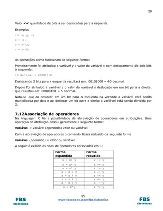 29

Valor << quantidade de bits a ser deslocados para a esquerda.
Exemplo:
int x, y, z;
x = 10;
y = x<<2;
z = x>>1;

As operações acima funcionam da seguinte forma:
Primeiramente foi atribuído a variável y o valor da variável x com deslocamento de dois bits
à esquerda:
10 decimal = 00001010
Deslocando 2 bits para a esquerda resultará em: 00101000 = 40 decimal.
Depois foi atribuído a variável z o valor da variável x deslocado em um bit para a direita,
que resultou em: 00000101 = 5 decimal.
Nota-se que ao deslocar em um bit para a esquerda na verdade a variável está sendo
multiplicada por dois e ao deslocar um bit para a direita a variável está sendo dividida por
2.

7.12 Associação de operadores
Na linguagem C há a possibilidade de abreviação de operadores em atribuições. Uma
operação de atribuição possui geralmente a seguinte forma:
variável = variável (operando) valor ou variável
Com a abreviação de operadores o comando ficara reduzido da seguinte forma:
variável (operando) = valor ou variável
A seguir é exibido os tipos de operadores abreviados em C:
Forma
expandida
x = x+ y
x = x- y
x = x* y
x = x / y
x = x % y
x = x & y
x = x | y
x = x^y

Forma
reduzida
x += y
x
x
x
x
x
x
x

-=
*=
/=
%=
&=
|=
^=

y
y
y
y
y
y
y

29
www.facebook.com/fbseletronica

 