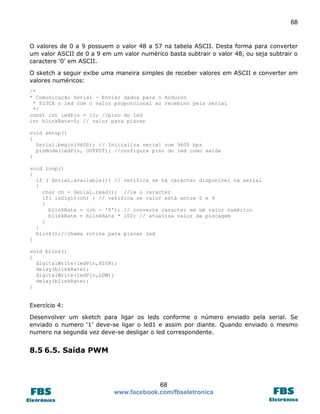 68

O valores de 0 a 9 possuem o valor 48 a 57 na tabela ASCII. Desta forma para converter
um valor ASCII de 0 a 9 em um valor numérico basta subtrair o valor 48, ou seja subtrair o
caractere ‘0’ em ASCII.
O sketch a seguir exibe uma maneira simples de receber valores em ASCII e converter em
valores numéricos:
/*
* Comunicação Serial - Enviar dados para o Arduino
* PISCA o led com o valor proporcional ao recebino pela serial
*/
const int ledPin = 13; //pino do led
int blinkRate=0; // valor para piscar
void setup()
{
Serial.begin(9600); // Inicializa serial com 9600 bps
pinMode(ledPin, OUTPUT); //configura pino do led como saida
}
void loop()
{
if ( Serial.available()) // verifica se há caracter disponivel na serial
{
char ch = Serial.read(); //le o caracter
if( isDigit(ch) ) // verifica se valor está entre 0 e 9
{
blinkRate = (ch - '0'); // converte caracter em um valor numérico
blinkRate = blinkRate * 100; // atualiza valor da piscagem
}
}
blink();//chama rotina para piscar led
}
void blink()
{
digitalWrite(ledPin,HIGH);
delay(blinkRate);
digitalWrite(ledPin,LOW);
delay(blinkRate);
}

Exercício 4:
Desenvolver um sketch para ligar os leds conforme o número enviado pela serial. Se
enviado o numero ‘1’ deve-se ligar o led1 e assim por diante. Quando enviado o mesmo
numero na segunda vez deve-se desligar o led correspondente.

8.5 6.5. Saída PWM

68
www.facebook.com/fbseletronica

 