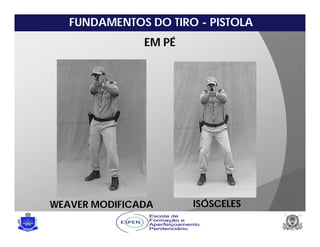 FUNDAMENTOS DO TIRO - PISTOLA
EM PÉ
ISÓSCELES
WEAVER MODIFICADA
 