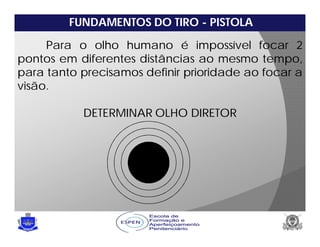 FUNDAMENTOS DO TIRO - PISTOLA
Para o olho humano é impossível focar 2
pontos em diferentes distâncias ao mesmo tempo,
para tanto precisamos definir prioridade ao focar a
visão.
DETERMINAR OLHO DIRETOR
 