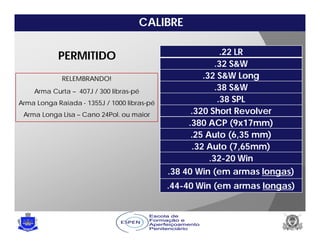 CALIBRE
PERMITIDO .22 LR
.32 S&W
.32 S&W Long
.38 S&W
.38 SPL
.320 Short Revolver
.380 ACP (9x17mm)
.25 Auto (6,35 mm)
.32 Auto (7,65mm)
.32-20 Win
.38 40 Win (em armas longas)
.44-40 Win (em armas longas)
RELEMBRANDO!
Arma Curta – 407J / 300 libras-pé
Arma Longa Raiada - 1355J / 1000 libras-pé
Arma Longa Lisa – Cano 24Pol. ou maior
 