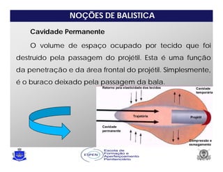 NOÇÕES DE BALISTICA
Cavidade Permanente
O volume de espaço ocupado por tecido que foi
destruído pela passagem do projétil. Esta é uma função
da penetração e da área frontal do projétil. Simplesmente,
é o buraco deixado pela passagem da bala.
 