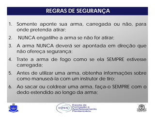 REGRAS DE SEGURANÇA
1. Somente aponte sua arma, carregada ou não, para
onde pretenda atirar;
2. NUNCA engatilhe a arma se não for atirar;
3. A arma NUNCA deverá ser apontada em direção que
não ofereça segurança;
4. Trate a arma de fogo como se ela SEMPRE estivesse
carregada;
5. Antes de utilizar uma arma, obtenha informações sobre
como manuseá-la com um instrutor de tiro;
6. Ao sacar ou coldrear uma arma, faça-o SEMPRE com o
dedo estendido ao longo da arma;
 