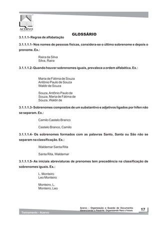 GLOSSÁRIO
3.1.1.1- Regras de alfabetação
3.1.1.1.1- Nos nomes de pessoas físicas, considera-se o último sobrenome e depois o
prenome. Ex.:
Raira da Silva
Silva, Raira
3.1.1.1.2- Quando houver sobrenomes iguais, prevalece a ordem alfabética. Ex.:
Maria de Fátima de Souza
Antônio Paulo de Souza
Waldir de Souza
Souza,Antônio Paulo de
Souza, Maria de Fátima de
Souza, Waldir de
3.1.1.1.3- Sobrenomes compostos de um substantivo e adjetivos ligados por hífen não
se separam. Ex.:
Camilo Castelo Branco
Castelo Branco, Camilo
3.1.1.1.4- Os sobrenomes formados com as palavras Santo, Santa ou São não se
separam na classificação. Ex.:
Waldemar Santa Rita
Santa Rita, Waldemar
3.1.1.1.5- As iniciais abreviaturas de prenomes tem precedência na classificação de
sobrenomes iguais. Ex.:
L. Monteiro
Leo Monteiro
Monteiro, L.
Monteiro, Leo
 
