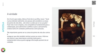 Arte
Terapia
APOSTILA
102
Em O sol é para todos, Atticus Finch diz à sua filha, Scout: “Você
nunca entende realmente uma pessoa até considerar as coisas
do ponto de vista dela… até entrar e andar por aí na sua pele.”
Fazer isto é criar empatia, uma competência fundamental para a
colaboração, para administrar conflitos e para o pensamento
criativo tanto em contextos profissionais como pessoais.
Tão importante quanto ver as coisas do ponto de vista dos outros
é
assegurar que eles também tenham acesso ao nosso. Informar
aos outros o que vivenciamos contribui tanto para a
compreensão mútua quanto agrega informação possível de ser
coletada.
A verdade
 