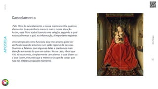 Arte
Terapia
APOSTILA
52
Pelo filtro do cancelamento, a nossa mente escolhe quais os
elementos da experiência merece mais a nossa atenção.
Assim, esse filtro acaba fazendo uma seleção, segundo a qual
nós escolhemos o quê, na informação, é importante registrar.
Um exemplo de como funciona esse mecanismo pode ser
verificado quando estamos num salão repleto de pessoas.
Ouvimos e falamos com algumas delas e prestamos mais
atenção em umas do que em outras. Nesse caso, não é que
não as escutamos, simplesmente cancelamos o que dizem ou
o que fazem, evitando que a mente se ocupe de coisas que
não nos interessa naquele momento.
Cancelamento
 