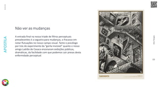 Arte
Terapia
APOSTILA
69
A entrada final na nossa tríade de filtros perceptuais
prevalecentes é a cegueira para mudanças, o fracasso em
notar flutuações no nosso campo visual. Tanto o psicólogo
por trás do experimento da “gorila invisível” quanto o nosso
amigo Ladrão de Casaca encenaram exibições públicas,
dramáticas, da facilidade com que podemos cair presas desta
enfermidade perceptual.
Não ver as mudanças
 