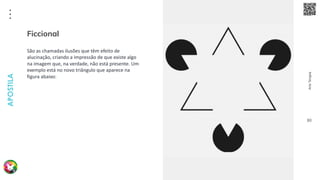 Arte
Terapia
APOSTILA
80
São as chamadas ilusões que têm efeito de
alucinação, criando a impressão de que existe algo
na imagem que, na verdade, não está presente. Um
exemplo está no novo triângulo que aparece na
figura abaixo:
Ficcional
 