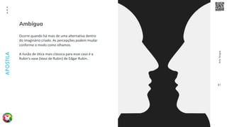 Arte
Terapia
APOSTILA
81
Ocorre quando há mais de uma alternativa dentro
do imaginário criado. As percepções podem mudar
conforme o modo como olhamos.
A ilusão de ótica mais clássica para esse caso é a
Rubin's vase (Vaso de Rubin) de Edgar Rubin.
Ambígua
 