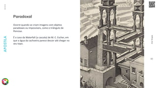 Arte
Terapia
APOSTILA
83
Ocorre quando se criam imagens com objetos
paradoxais ou impossíveis, como o triângulo de
Penrose.
É o caso da Waterfall (a cascata) de M. C. Escher, em
que a água da cachoeira parece descer até chegar no
seu topo.
Paradoxal
 