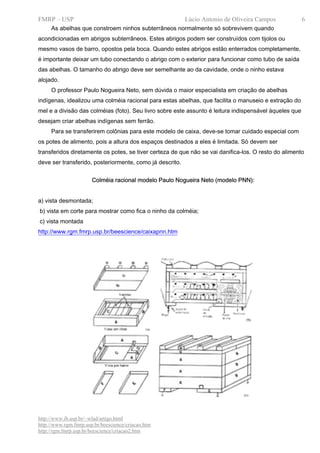 FMRP – USP                                                Lúcio Antonio de Oliveira Campos              6
     As abelhas que constroem ninhos subterrâneos normalmente só sobrevivem quando
acondicionadas em abrigos subterrâneos. Estes abrigos podem ser construídos com tijolos ou
mesmo vasos de barro, opostos pela boca. Quando estes abrigos estão enterrados completamente,
é importante deixar um tubo conectando o abrigo com o exterior para funcionar como tubo de saída
das abelhas. O tamanho do abrigo deve ser semelhante ao da cavidade, onde o ninho estava
alojado.
     O professor Paulo Nogueira Neto, sem dúvida o maior especialista em criação de abelhas
indígenas, idealizou uma colméia racional para estas abelhas, que facilita o manuseio e extração do
mel e a divisão das colméias (foto). Seu livro sobre este assunto é leitura indispensável àqueles que
desejam criar abelhas indígenas sem ferrão.
     Para se transferirem colônias para este modelo de caixa, deve-se tomar cuidado especial com
os potes de alimento, pois a altura dos espaços destinados a eles é limitada. Só devem ser
transferidos diretamente os potes, se tiver certeza de que não se vai danifica-los. O resto do alimento
deve ser transferido, posteriormente, como já descrito.


                       Colméia racional modelo Paulo Nogueira Neto (modelo PNN):


a) vista desmontada;
b) vista em corte para mostrar como fica o ninho da colméia;
c) vista montada
http://www.rgm.fmrp.usp.br/beescience/caixapnn.htm




http://www.ib.usp.br/~wlad/artigo.html
http://www.rgm.fmrp.usp.br/beescience/criacao.htm
http://rgm.fmrp.usp.br/beescience/criacao2.htm
 