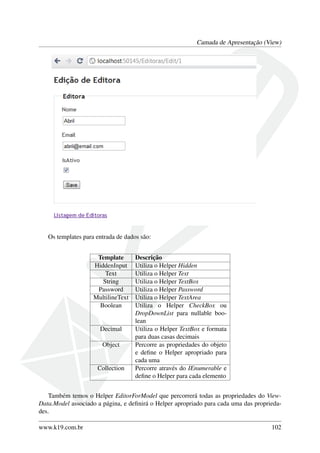Camada de Apresentação (View)
Os templates para entrada de dados são:
Template Descrição
HiddenInput Utiliza o Helper Hidden
Text Utiliza o Helper Text
String Utiliza o Helper TextBox
Password Utiliza o Helper Password
MultilineText Utiliza o Helper TextArea
Boolean Utiliza o Helper CheckBox ou
DropDownList para nullable boo-
lean
Decimal Utiliza o Helper TextBox e formata
para duas casas decimais
Object Percorre as propriedades do objeto
e deﬁne o Helper apropriado para
cada uma
Collection Percorre através do IEnumerable e
deﬁne o Helper para cada elemento
Também temos o Helper EditorForModel que percorrerá todas as propriedades do View-
Data.Model associado a página, e deﬁnirá o Helper apropriado para cada uma das proprieda-
des.
www.k19.com.br 102
 