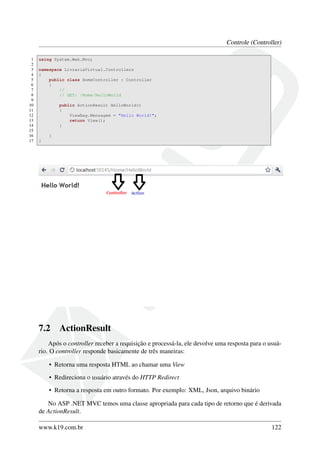 Controle (Controller)
1 using System.Web.Mvc;
2
3 namespace LivrariaVirtual.Controllers
4 {
5 public class HomeController : Controller
6 {
7 //
8 // GET: /Home/HelloWorld
9
10 public ActionResult HelloWorld()
11 {
12 ViewBag.Mensagem = "Hello World!";
13 return View();
14 }
15
16 }
17 }
7.2 ActionResult
Após o controller receber a requisição e processá-la, ele devolve uma resposta para o usuá-
rio. O controller responde basicamente de três maneiras:
• Retorna uma resposta HTML ao chamar uma View
• Redireciona o usuário através do HTTP Redirect
• Retorna a resposta em outro formato. Por exemplo: XML, Json, arquivo binário
No ASP .NET MVC temos uma classe apropriada para cada tipo de retorno que é derivada
de ActionResult.
www.k19.com.br 122
 